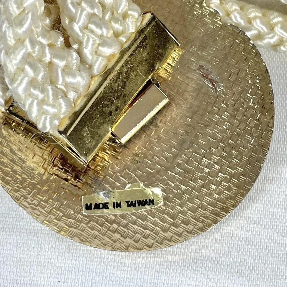 Vintage‎ 80s Cream Braided Rope Belt Orchid Floral Gold Tone Buckle 36